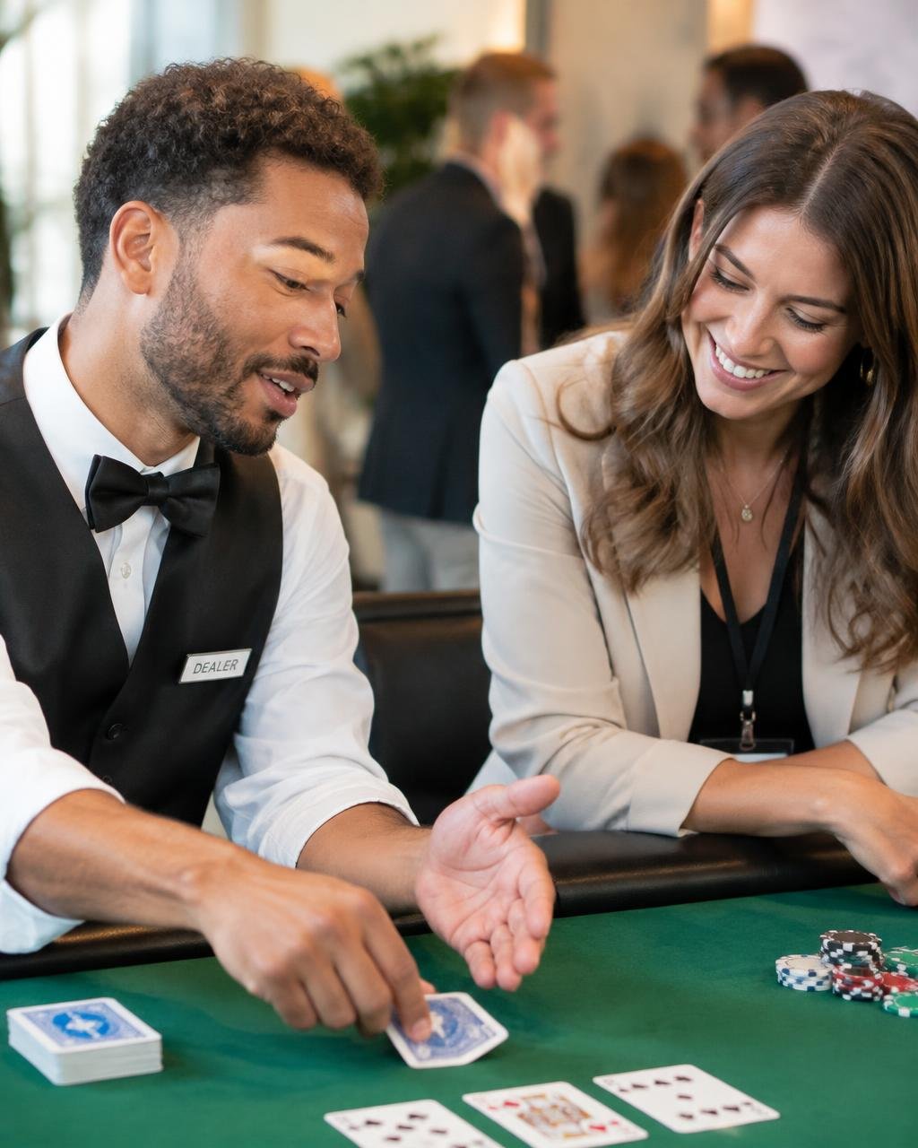 Dealer explica a dinâmica do jogo para uma convidada iniciante
