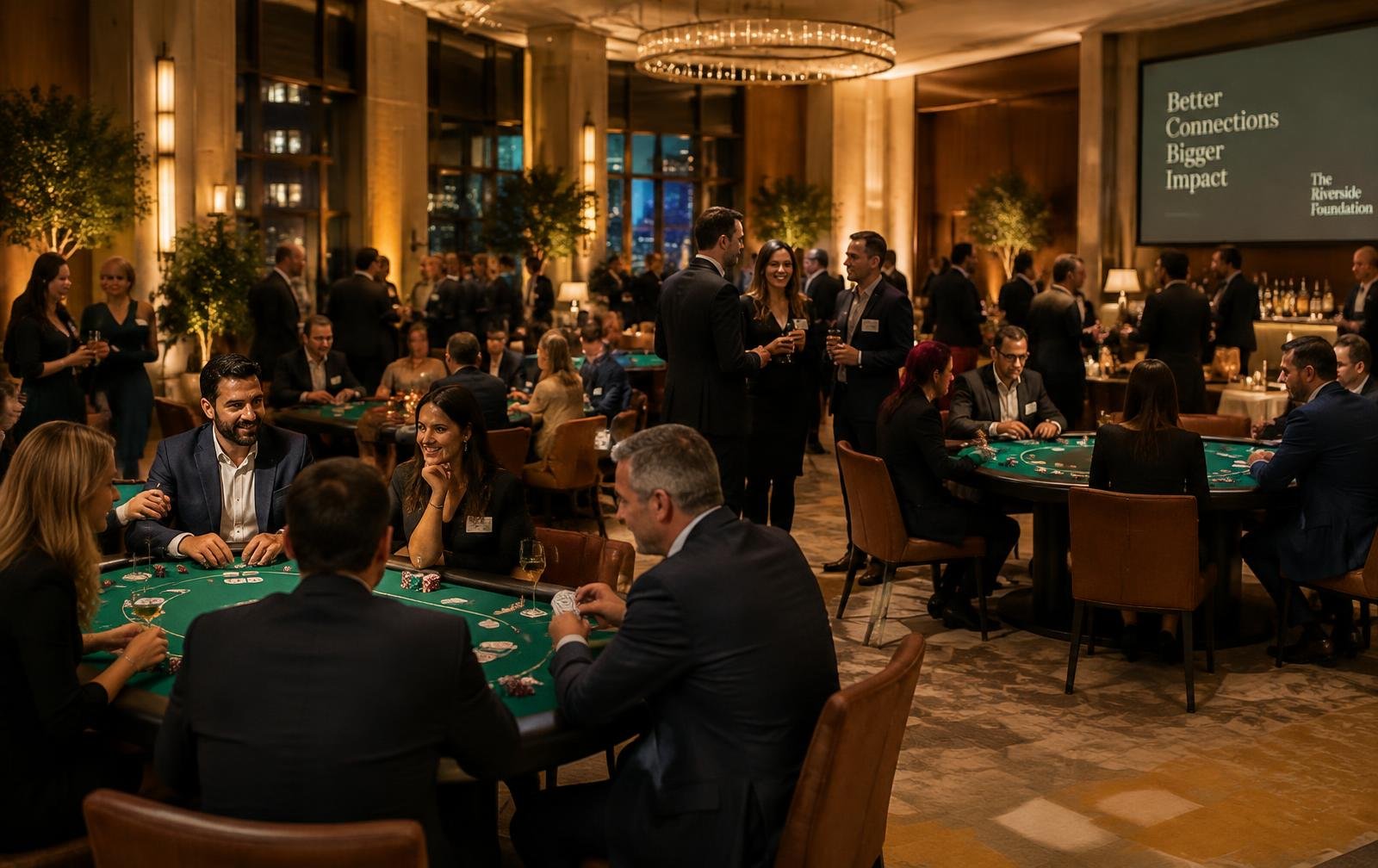 Salão de evento corporativo com várias mesas de poker entre os convidados