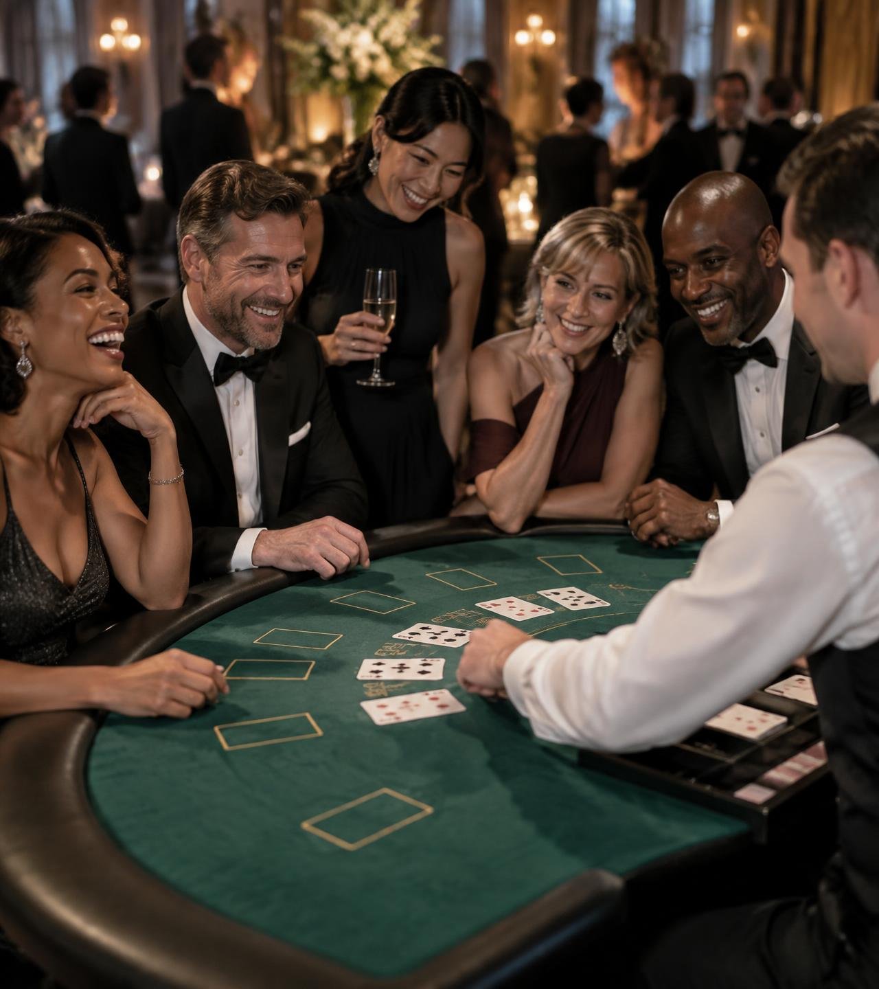 Convidados sorrindo ao redor de uma mesa de poker com dealer durante um evento corporativo