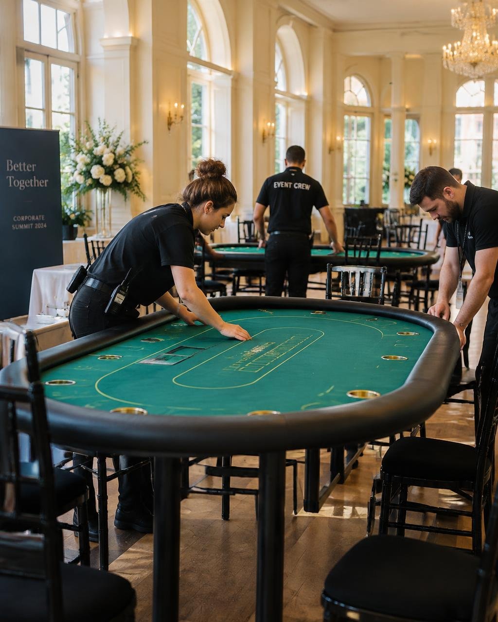 Equipe montando mesas de poker em um salão antes de um evento